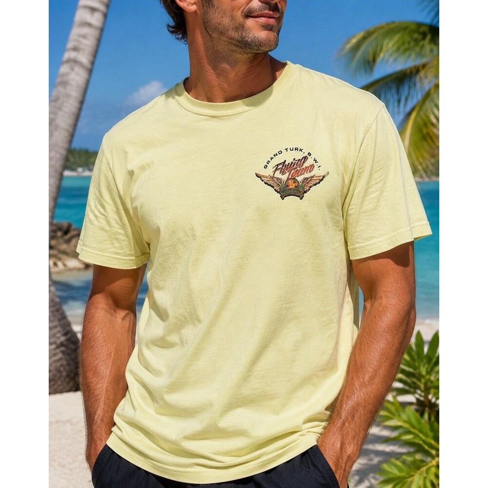 Margaritaville Flying Team Grand Turk BWI T-Shirt Men’s Medium Pale Yellow Plane